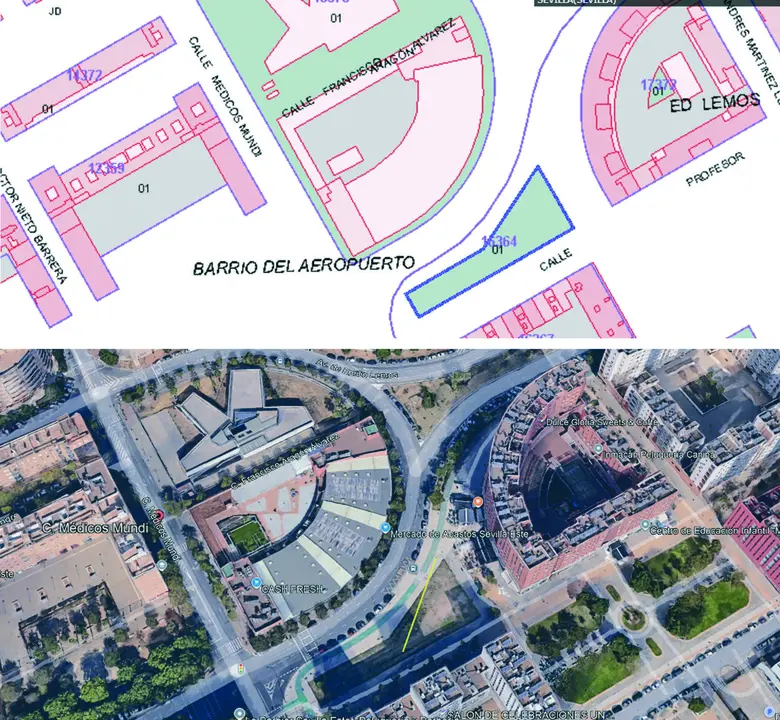  La parcela en la avenida Emilio Lemos (marcada con una l&iacute;nea amarilla), en la que se construir&aacute;n viviendas de protecci&oacute;n oficial. | GUMA 