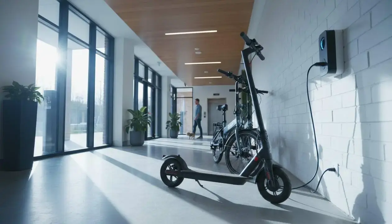 Patinete el&eacute;ctrico cargando en comunidad de vecinos seg&uacute;n la Ley de Propiedad Horizontal vigente &mdash; Imagen generada por IA