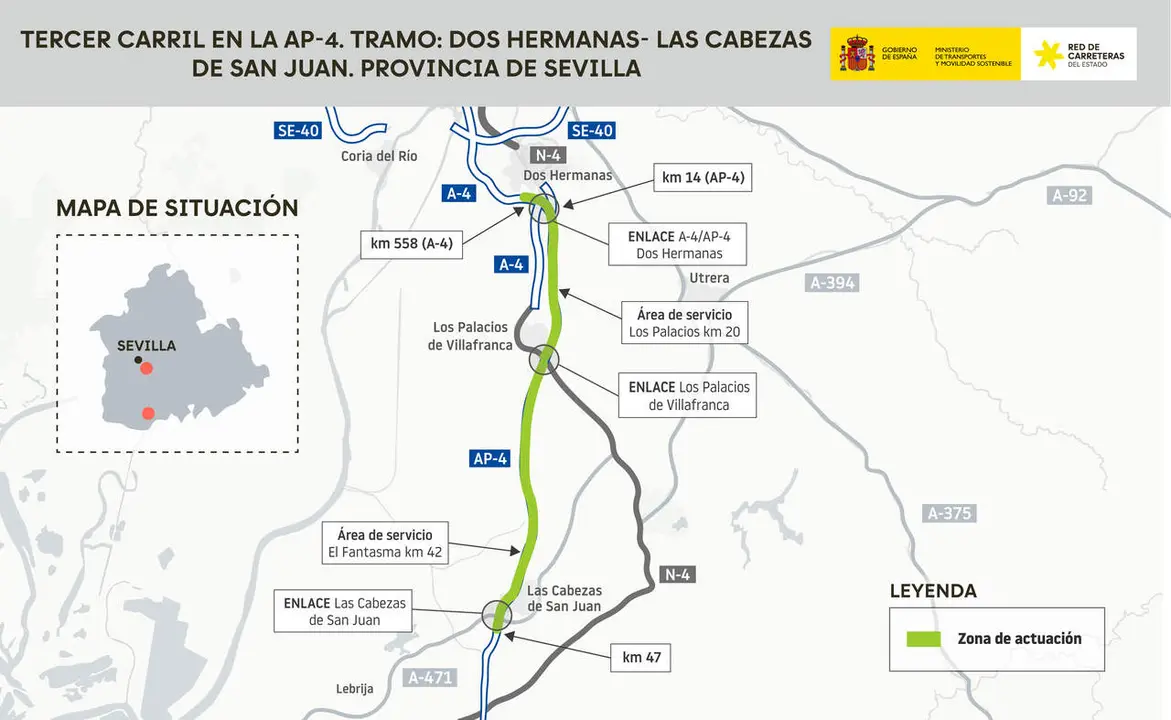  La zona de actuaci&oacute;n del proyecto del tercer carril de la AP-4 entre Sevilla y C&aacute;diz. | Ministerio 