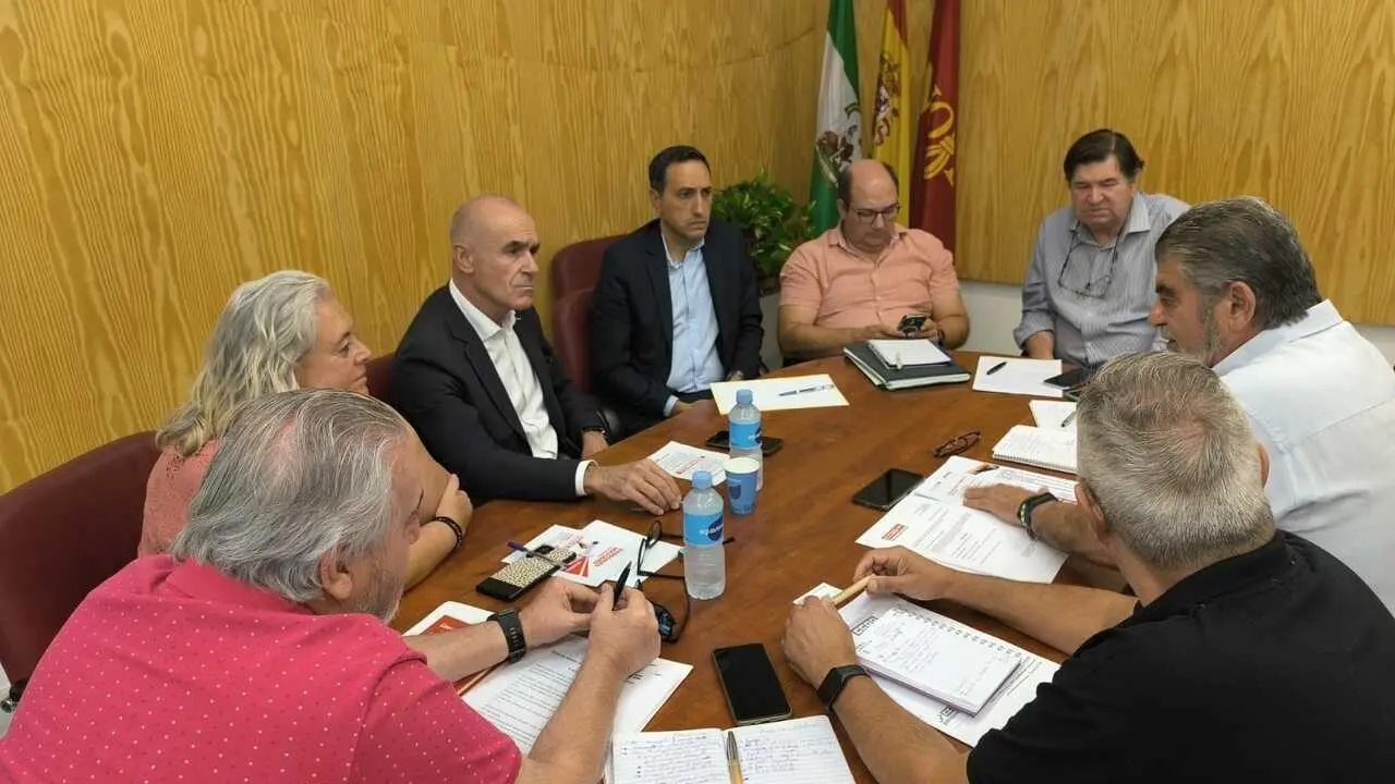  El portavoz socialista en Sevilla, Antonio Mu&ntilde;oz, y los concejales Encarnaci&oacute;n Aguilar y Pedro A. Jaime reunidos con representantes sindicales. | PSOE 