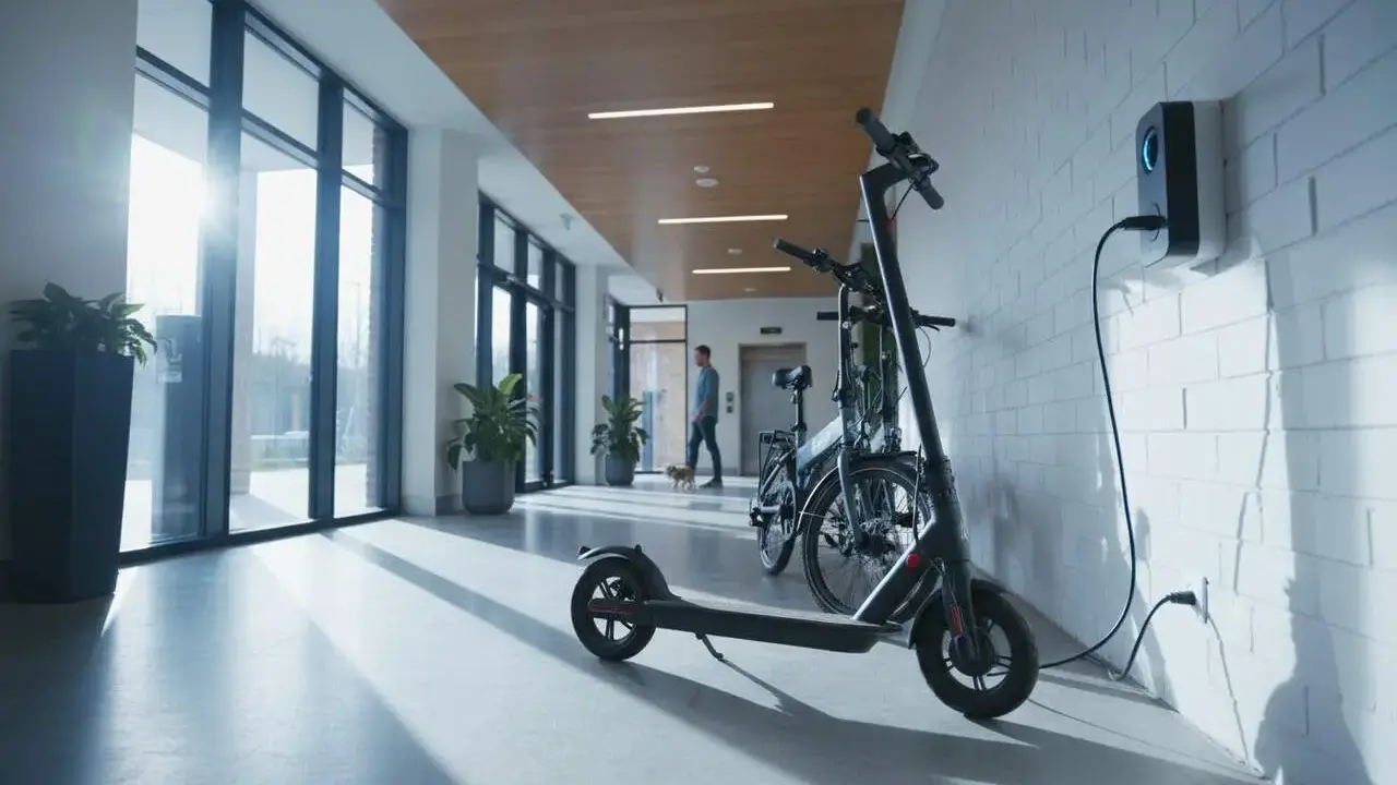 Patinete el&eacute;ctrico cargando en comunidad de vecinos seg&uacute;n la Ley de Propiedad Horizontal vigente &mdash; Imagen generada por IA