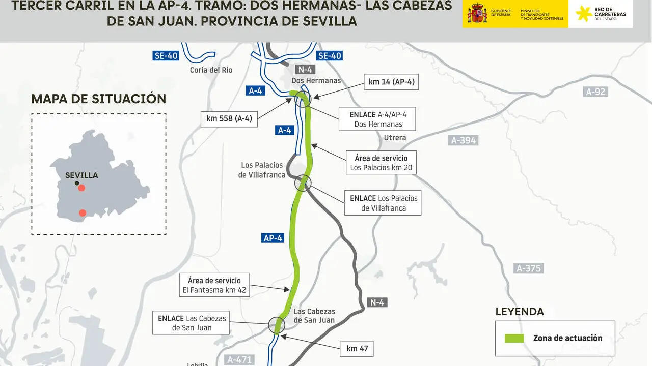  La zona de actuaci&oacute;n del proyecto del tercer carril de la AP-4 entre Sevilla y C&aacute;diz. | Ministerio 